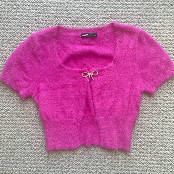 Shein Fuzzy Pink Cropped Cardigan with Diamond Bow Size S - Picture 2 of 10